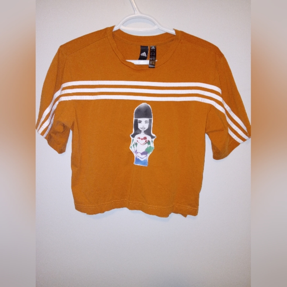 Adidas Orange Short Sleeve Tee with Triple Stripes. Hand Dyed Custom Patch. - Picture 1 of 4